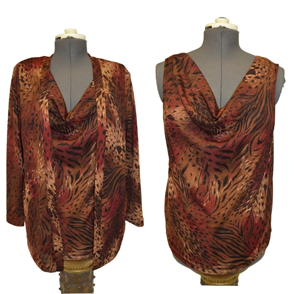 LA Woman Vintage 80s Animal Print Brown 2 Piece Knit Cardigan Top Set sz 14
